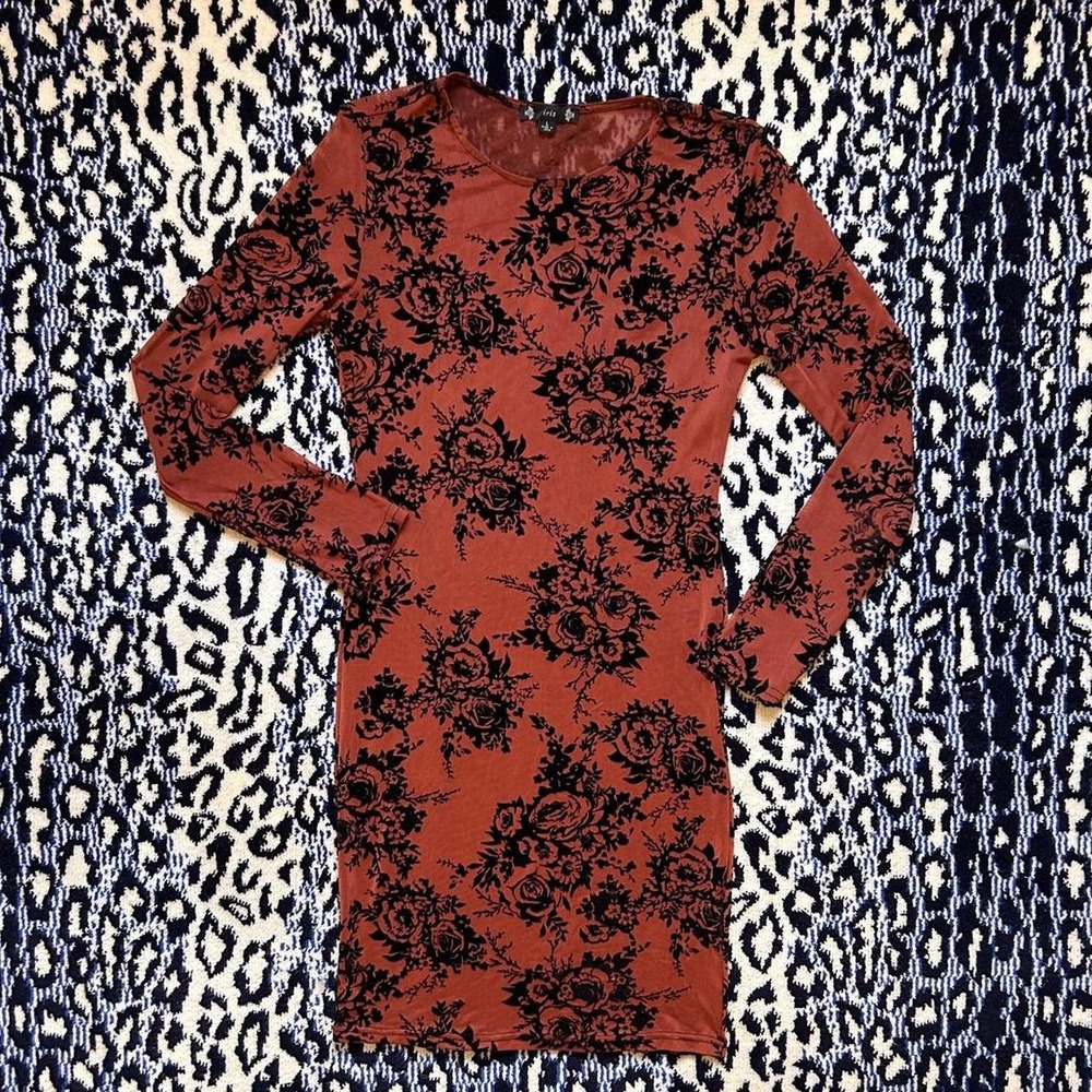 Iris brown rose print mesh long sleeve dress with sheer long sleeves Size L